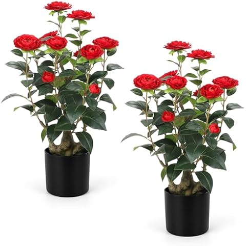 Romantic Season 2FT Red Artificial Camellia Tree 2Pack, Faux Camellia Plant Fake Potted Camellia Flower Tree for Modern Home Office Living Room Floor Décor Cover