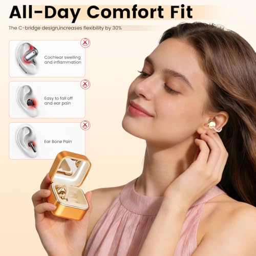Image of Clip On Ear Headphones with a Makeup Mirror, Open Ear Earbuds Wireless Bluetooth Earbuds,Ultra-Long Battery Life, for Android /iOS Phones (Orange Color)