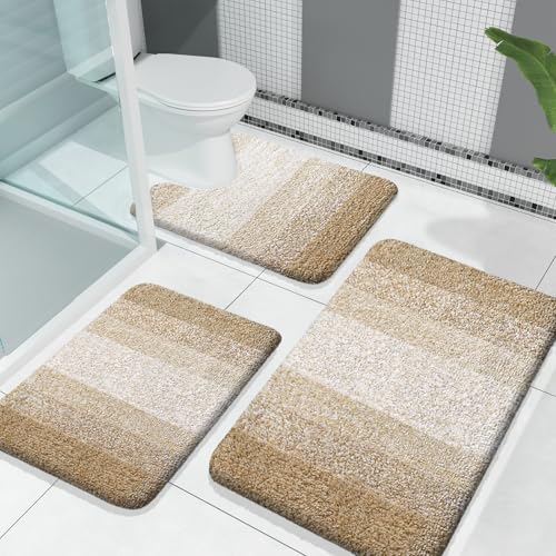 OLANLY Microfiber Bathroom Rugs Sets 3 Piece, Absorbent Bath Mats, Tan