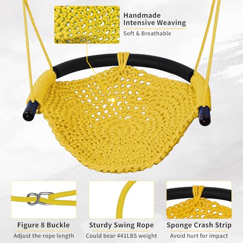 Image of Hi-Na Kids Swing Seats Indoor Hand-Made with Adjustable Rope, Outdoor Tree Child Swing Seat for Backyard, Playground, Outside, Yellow, Polyester