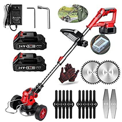 Coupe Bordure sans Fil avec Batterie Débroussailleuse à Batterie avec Lame Rechange, Débroussailleuses Electrique avec Indicateur De Niveau De Batterie Tondeuse à Gazon pour Pelouse, Jardin (Red)