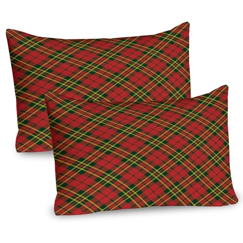 Ambesonne Checkered Pillow Sham Set of 2, Irish Tartan Plaid Motifs Christmas Vibes of Geometrical Stripes, Quality Microfiber Bedding Item for All Seasons, 26" X 20", Emerald Yellow Vermilion