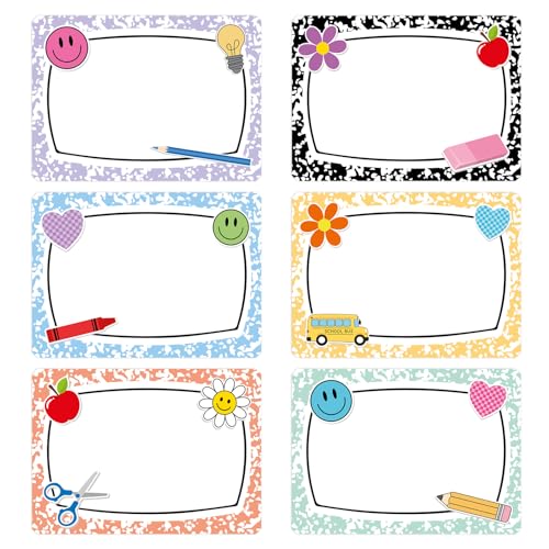 Image of Whaline 144Pcs Composition Name Tag Stickers for Classroom Back to School Name Labels 3.5 x 2.6 Inch Colorful Composition Desk Name Tags Pencil Nameplates for Preschool Elementary School
