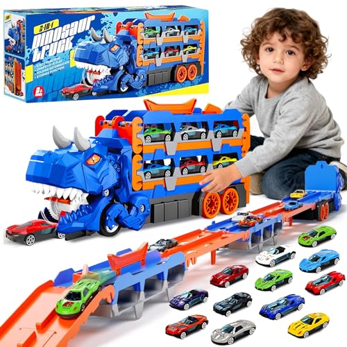 NXPZ Camión de Transporte de Dinosaurio Juguete para Niños, Juguete 3 en 1 Pista Plegable con Lanzador, Camión Transporte Portátil con 12 Coches de Carreras, Regalo para Niños de 3 4 5 6 7 8 Años