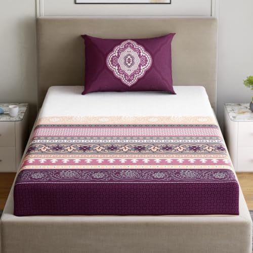 Image of Dreamscape 100% Cotton Single Bedsheet with 1 Pillow Cover - (Size 59 x 87 inches, TC, Colour - Purple)