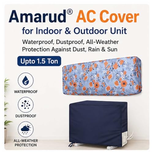 Image of AC Cover for Indoor & Outdoor Unit | Waterproof, Dustproof, All-Weather Protection Against Dust, Rain & Sun (Split AC Cover Printed BlueFloral, Upto 1.5 Ton)