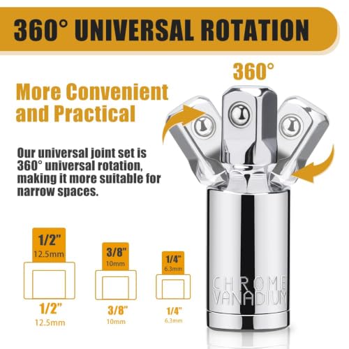 Image of Universal Joint Socket Adapter Set 3PCS, 1 /4 inch, 3 /8 inch, 1 /2 inch Drive Swivel Socket Adapters, 360 Flexible CR-V Steel Impact Socket Extension for Ratchet Wrench, Automotive, Motorcycle Repair