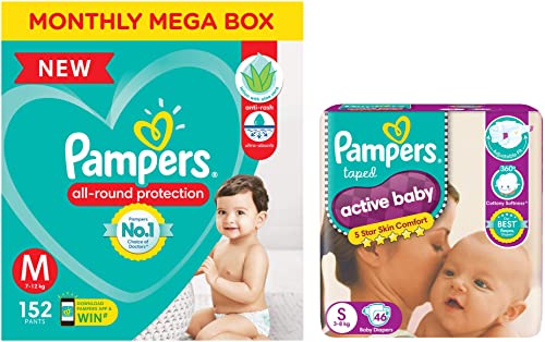Image of Pampers All round Protection Pants, Medium size baby diapers (M) 152 Count, Lotion with Aloe Vera & Active Baby Taped Diapers, Small size diapers, (S) 46 count, taped style custom fit