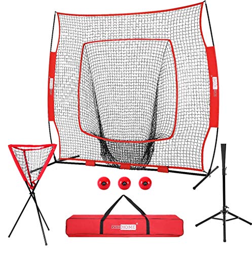 VIVOHOME 7 x 7 Feet Baseball Backstop Softball Practice Net Set with Strike Zone Target Tee Ball Caddy Carry Bag and 3 Weighted Balls for Batting Hitting and Pitching