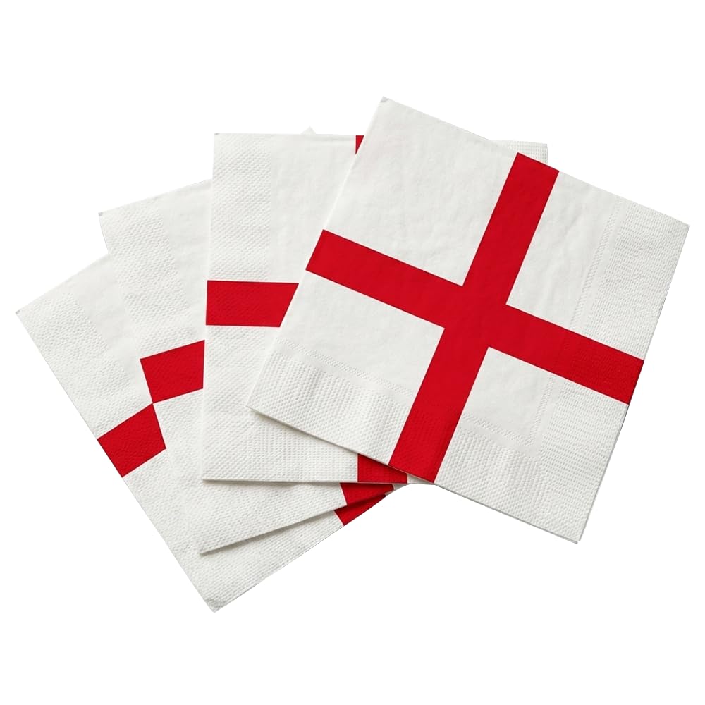 England Flag Paper Napkins - 48 Pack 2-Ply St George's Cross Party Tableware - 33cm Red & White Serviettes for World Cup Football, Rugby, Euro Games, St George's Day & National Celebrations
