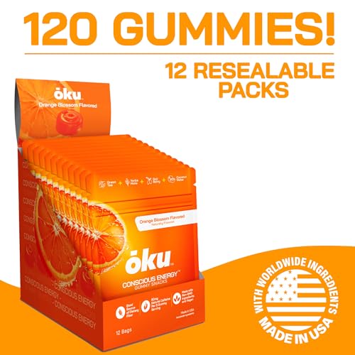 Image of ōku Energy Chews - Energy Gummies w /Natural Caffeine from Green Tea | Yerba Mate, Coconut Water for Hydration, 4g Vegan Fiber Gummy, Non-GMO | Running, Cycling, On-the-Go Snacks, Orange (12-Pack)