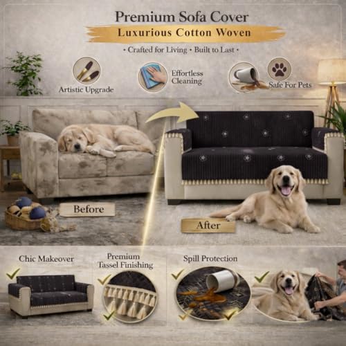 Image of STITCHNEST Woven Fabric Sofa Cover 2 Seater with 2 Hand Rest Covers - Washable Black Sofa Cover with Tassels - Durable Premium Fabric - Stylish Sofa Protector for Living Room & Furniture Decor8