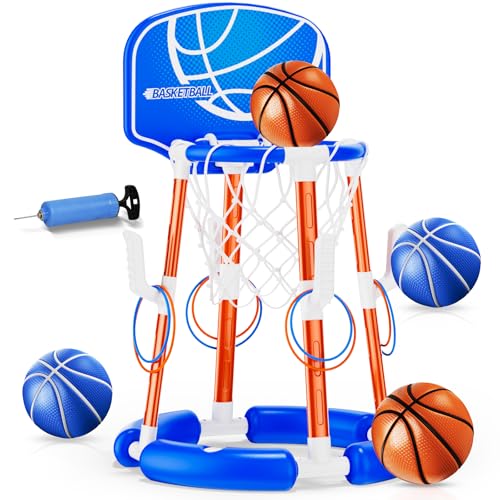 Pool Basketball Hoop with Backboard, Floating Pool Toys for 3-12 Years Old Kids Ring Game with 4 Balls 8 Rings & Pump Outdoor Swimming Pool Basketball Games Water Play Toy Family Party for Kids Adults