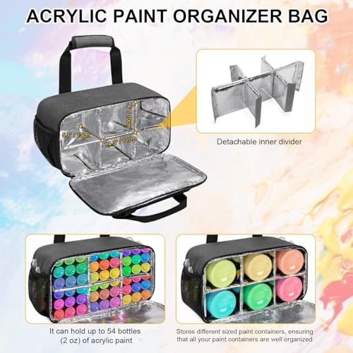 Image of Petyoung Acrylic Paint Organizer Bag for 54 Bottles (2 oz), Art Supply Storage Case with Detachable Aluminum Foil Liner Divider for Easy, Craft Paint Organizer with Extra Pocket
