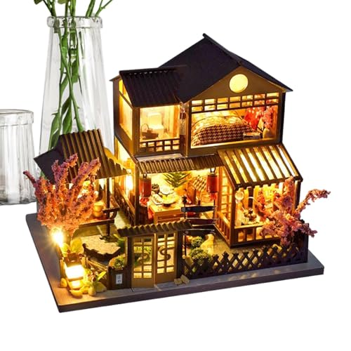 de casa de Madera: intrincado Kit de Modelo de Madera Cortado con láser en 3D, Juego de Manualidades en Miniatura con luz LED Realista | Proyecto Creativo de Bricolaje para Adultos, hombr