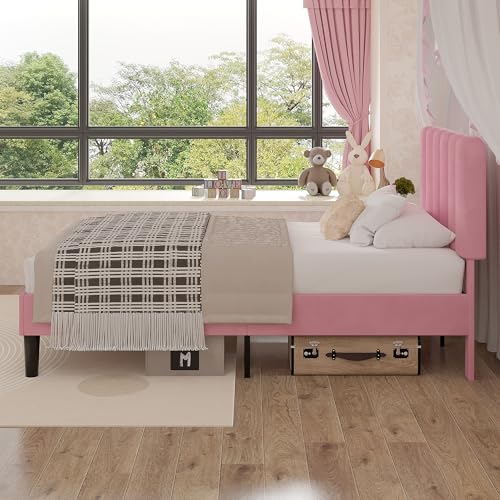 Image of VECELO Twin Size Bed Frame with Upholstered Headboard, Velvet Platform Bedframe Mattress Foundation, Strong Wood Slat Support, No Box Spring Needed,Pink
