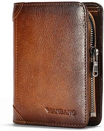 MANBANG Mens Wallet Zipper Genuine Leather RFID Card Holders Cowhide Zip Coin Pocket Bifold wallets for men Brown(anti-theft brush) (Brown)