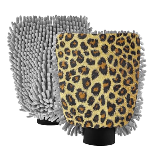 STAYTOP Leopard Print Pattern Car Wash Mitt Microfiber, 2Pcs Scratch Free Lint-Free, Premium Chenille Microfiber Mitt Car Wash Brush-M