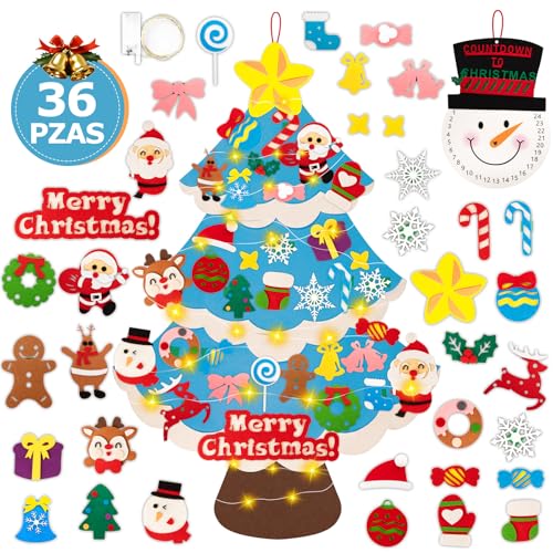 Lanpn Árbol de Navidad de Fieltro con muñeco de Nieve, 102 cm DIY para niños, Navidad, árbol de Navidad con Luces con 36 Adornos Desmontables, decoración Colgante para casa Puerta de Pared (Azul)