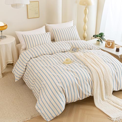 Image of ECOCOTT Striped Duvet Cover King Size, 100% Washed Cotton Linen Feel Bedding Set, Blue Brown Pinstripe Comforter Cover with Zipper Closure & Corner Ties