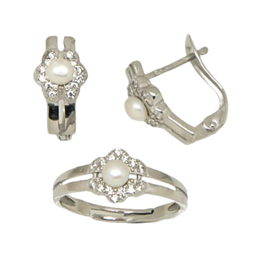 MinoplataAderezo infantil Pendientes y Sortija ajustable de Plata rodiada con Perlas cultivadas y Circonitas