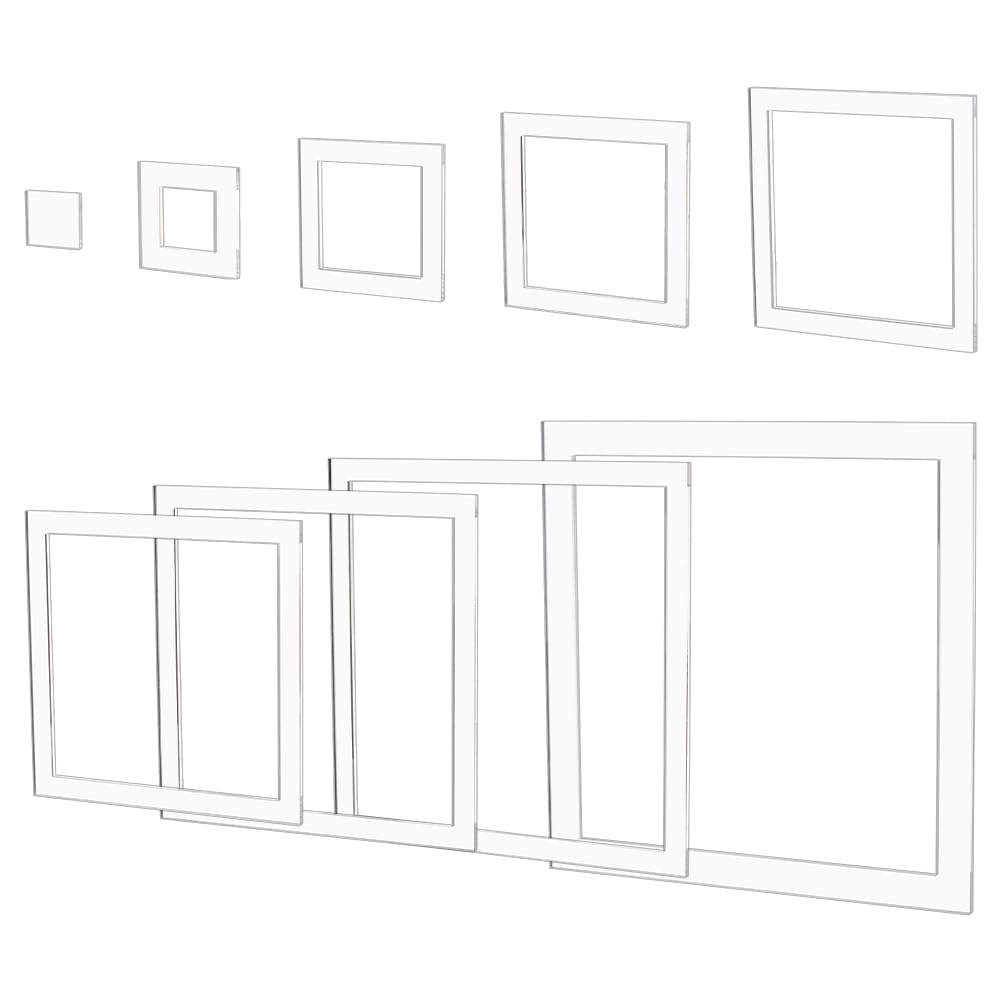 BENECREAT 9Pcs Squares Router Templates, 9.8/8.5/7.4/6.5/5.5/4.5/3.5/2.5/1.4 Inch Transparent Acrylic Tracing Template, Router Inlay Template for
