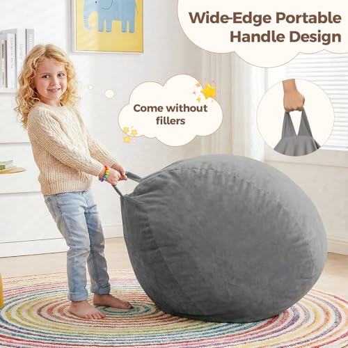 Image of Stuffed Animal Storage Bean Bag Chair Cover for Kids (No Filler), Soft Comfy Velvet Beanbag Chair Cover Machine Washable, Kids Bean Bag Chair with Handle for Living Room Bedroom Dorm,Dark Gray