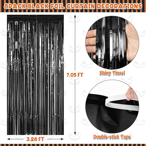 Image of ZATAYE 8 Pack Black Halloween Foil Curtain Streamer Decorations | Black, Metallic Foil, 3.28 x 7.05 FT, Tinsel Backdrop, Foil Curtain Streamer, Halloween New Years Eve Party