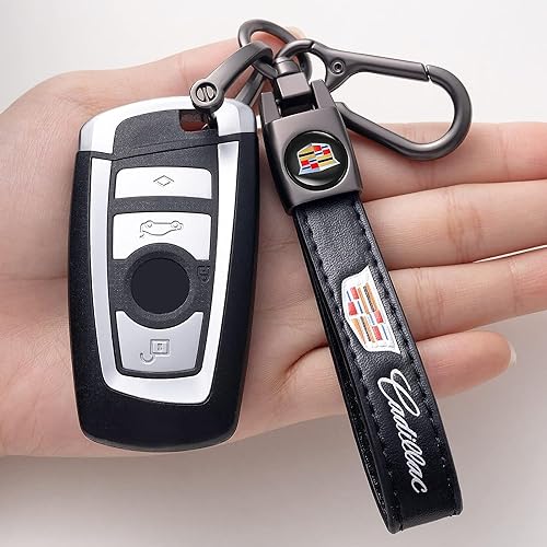 Image of Leather Car Keychain for Cadillac Escalade CT4 CT5 CT6 ATS CTS SRX XT5 Car Key Chain Keyring Keychain Accessories Family Present(Black)