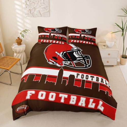 Erosebridal Football City Duvet Cover Queen American Football Bedding Set for Boys Girls Brown Red Rugby Game Comforter Cover Football Fans Bedroom Decor Sports Ball Team Quilt Cover(Cleveland)