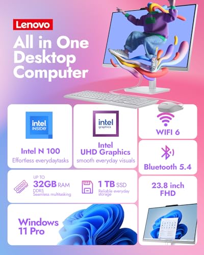 Image of Lenovo A100 All-in-One Desktop Computer - 23.8 inch FHD Display, Intel N100 Processor, Wi-Fi 6, Keyboard and Mouse, Windows 11 Pro, for Home and School,32GB RAM 1TB SSD