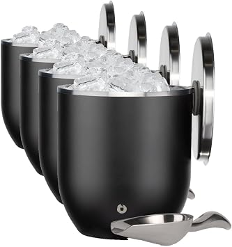 SNOWFOX Plus, Premium Vacuum Insulated Stainless Steel Ice Bucket with Lid/Scoop,Home Bar Accessories,Elegant Bartending Ice Buckets for Parties,Beautiful Outdoor Supplies,3L,Matte Black Pack of 4