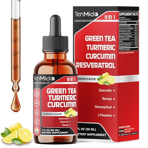 Tenmido Green Tea Extract Liquid Drops - 9in1 with Turmeric Curcumin Resveratrol Quercetin Bacopa Panax Ginseng L-Theanine Pomegranate and Black Pepper - 30ml 1 Fl Oz