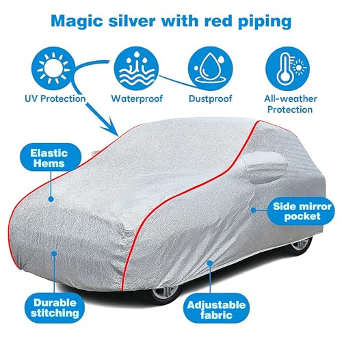 Image of Sulfar 100% Waterproof Car Body Cover Compatible with Mirror for Volvo V90 (Triple Stitched, Full Bottom Elastic, Magic Silver with Red Piping)