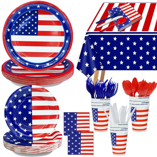 141 Pcs 4th of July Decorations American Flag Patriotic Party Supplies, Fourth of July Plates and Napkins Sets Cups Tablecloth Knives Forks Spoons Red White Blue Decor for Independence Day, Serve 20