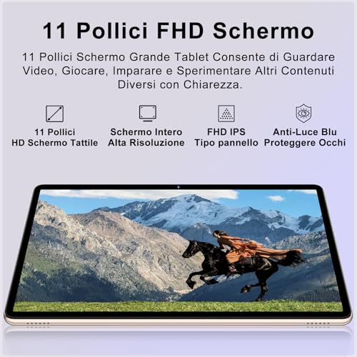 Dghrti 2026 Tablet 11 Pollici da Touch Android, [256GB ROM 8000mAh], 24 GB RAM/2TB TF, Octa-Core, Gemini AI, UFS 2.2 Flash, FHD IPS, Suono 3D, 13MP + 5MP, Dual WiFi, BT 5.0, Widevine L1, Face ID, Oro