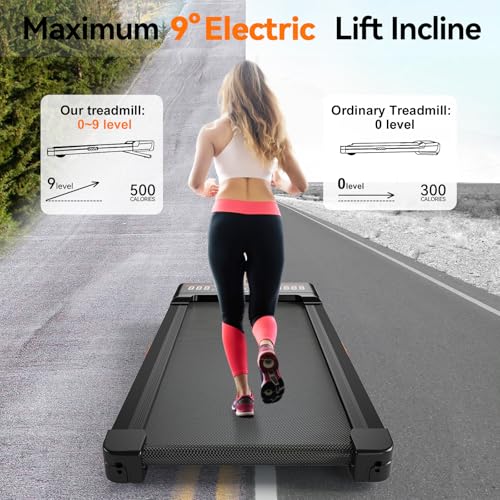 Walking Pad with 9% Incline, Under Desk Treadmills for Home and Office, 3.0HP Portable Running Walking Machine with LED Display & Remote Control, 1-10km/h, Max 140kg, No Assembly (Black-Auto incline) - Image 3