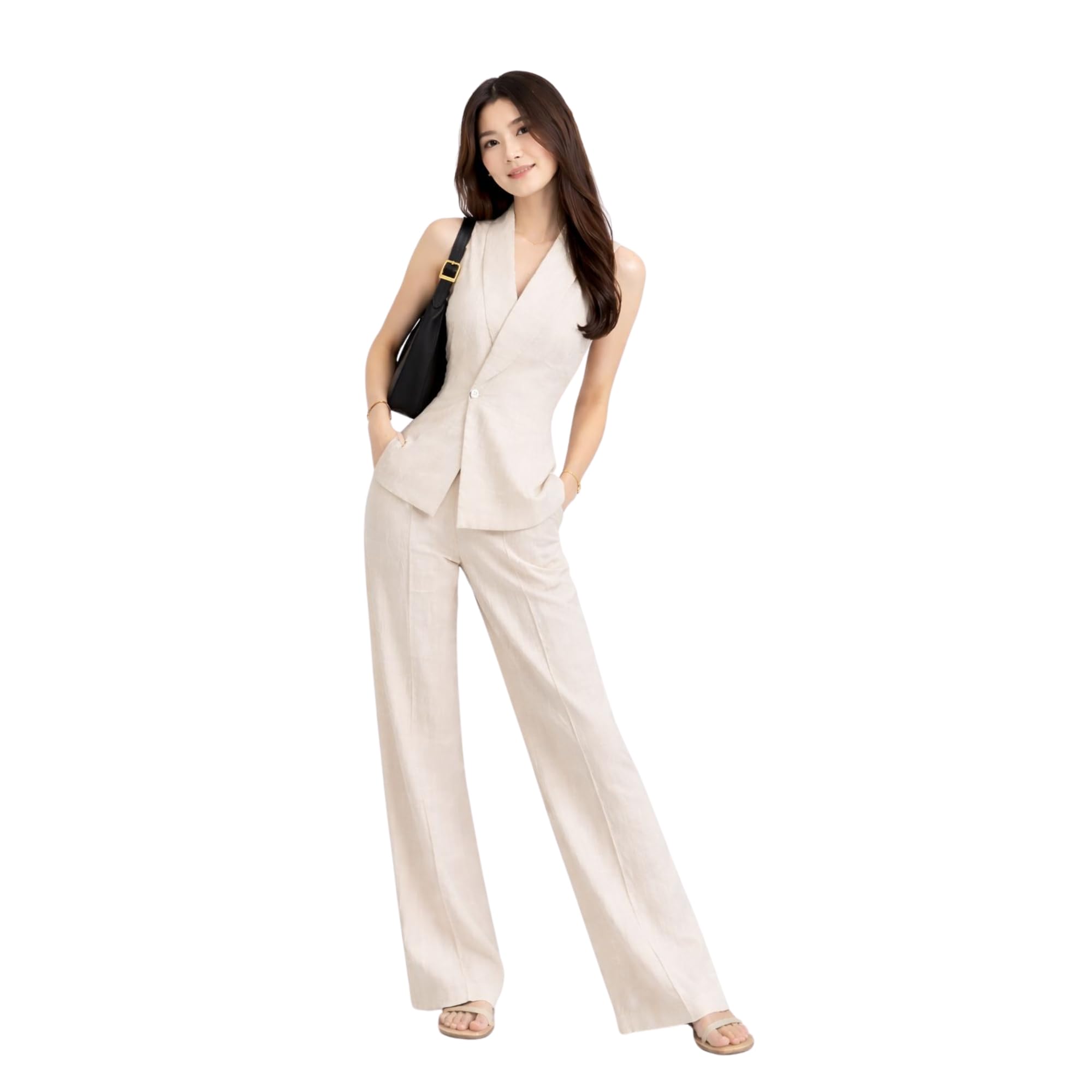 Colours & Weaves Women's 2 Piece Business Pants Suit - Sleeveless Blazer Vest and Wide Leg Trousers Co-ord Set