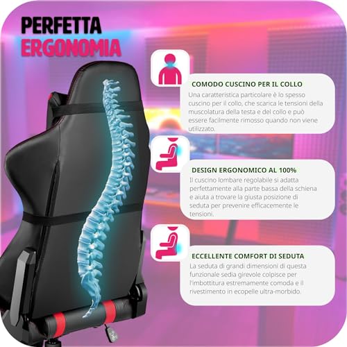 ® Poltrona da Ufficio con Poggiatesta, Braccioli, Schienale Regolabile, Sedia Ufficio Ergonomica con Imbottitura Extra Spessa e Supporto Lombare, Girevole a 360° - Nero/Rosso - Sedia gaming - Immagine 6