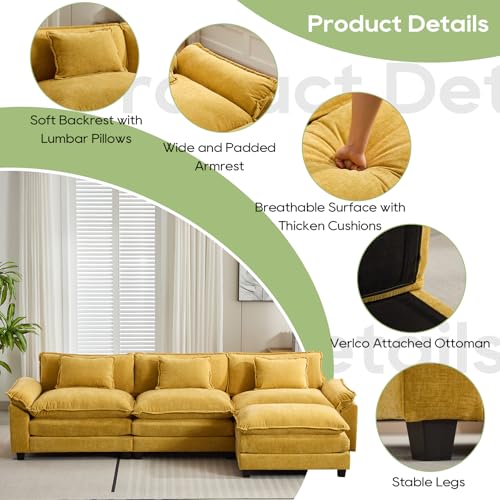 Image of Oprisen 120 inch Modular Sectional Sofa, Comfy Cloud Couch Sectional Sofa with Ottoman, Chenille Sofa Sleeper Deep Seat Sofa with Throw Pillows for Living Room (Yellow, 120 inch- L Shape)
