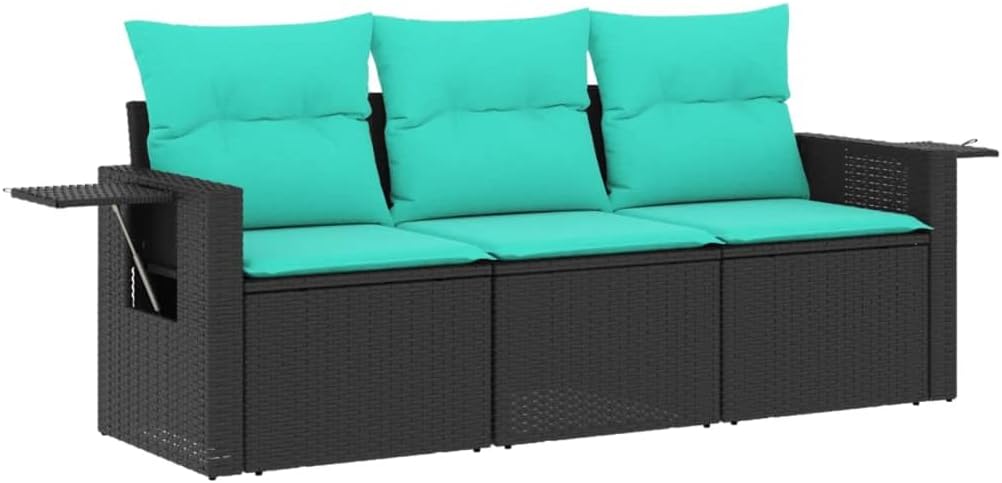vidaXL Black 3 Piece Patio Sofa Set w/Blue Cushions - Outdoor Poly Rattan Garden Furniture with Modular Design and Foldable Side Tables