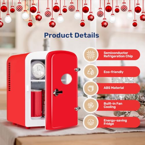 Image of HealSmart 4L Mini Fridge with Observation Window, 6 Can Capacity, Freon-Free and Portable Cooler and Warmer, Cosmetics /Food /Beverage, Red New