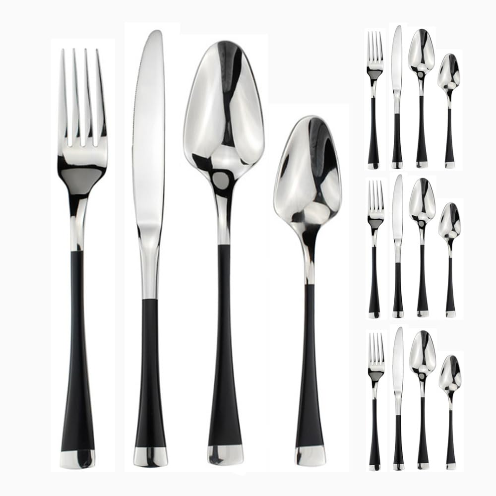 Besteckset aus Edelstahl für 4 Personen. 16-teiliges Besteckset mit raffinierten Griffen. Enthält Messer, Gabeln, Löffel, Steakmesser und Dessertlöffel. Ideal für den Gebrauch zu Hause und im Hotel.