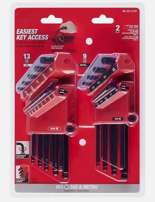 48-22-2187 SAE/Metric 22 Piece Hex Key Ball End L-Key Set，Replacement for Milwaukee OEM