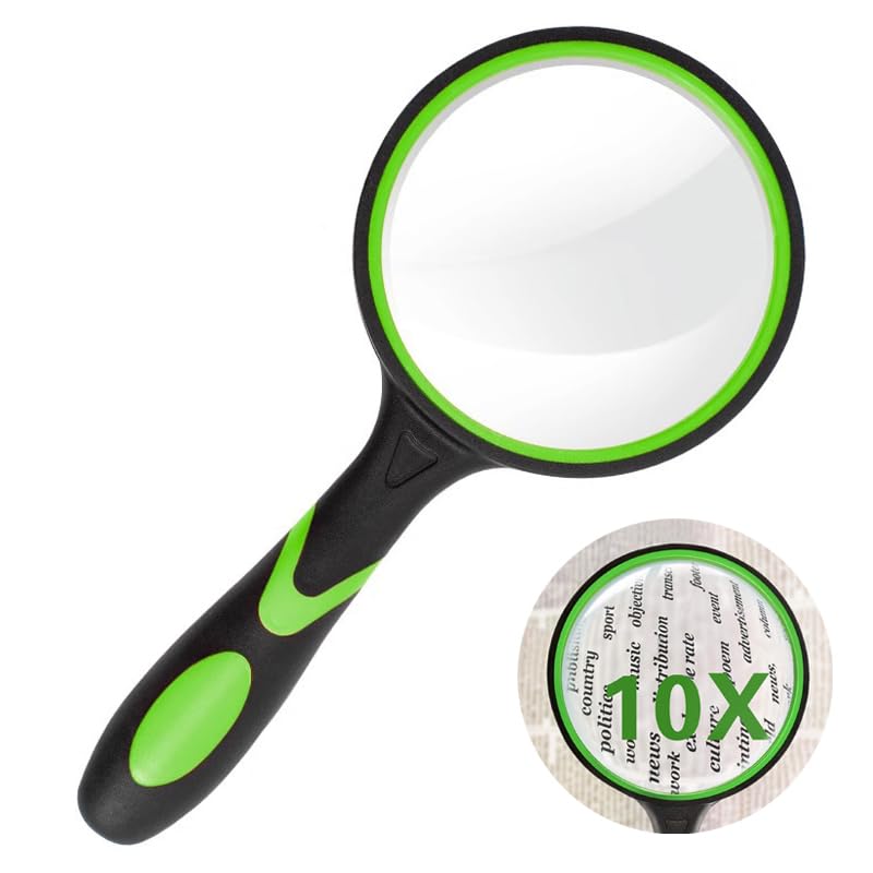 Magnifying Glass 10X Handheld Reading Magnifier with Non-Slip Soft Rubber Handle Shatterproof Magnifying Mirror for seniors to Read Check Explore (Green Black)