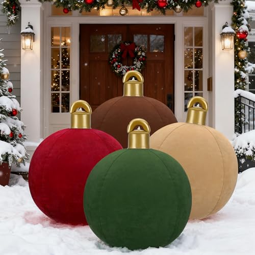 4 PCS 32 Inch Giant Velvet Inflatable Christmas Balls Extra Large Blow Up PVC Ornaments Flocked Oversized Christmas Ball Decorations for Yard Lawn Porch & Holiday Outdoor Decor (4 Colors)