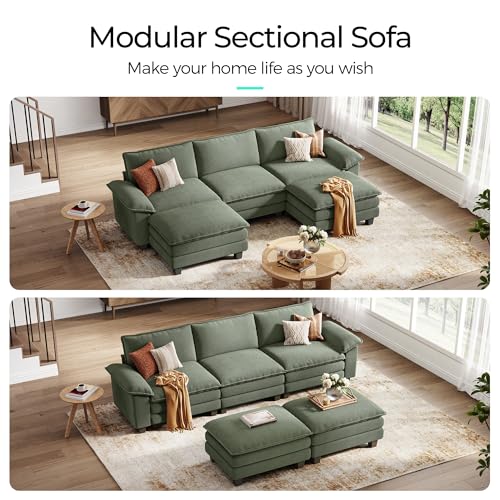 Image of LINSY Home 123'' Modular Sectional Sofa Green Couch Corduroy Cloud Couches for Living Room, U Shaped Couch with Movable Ottoman, Modern Cloud Sectional Sofas for Bedroom and Apartment, Green