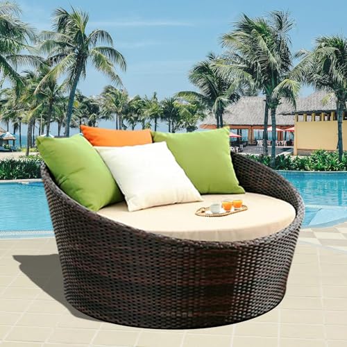Image of DEVOKO Outdoor Pool Side, Garden, Balcony, Porch, Backyard, Terrace, Patio, Beach Round Sofa Wicker and Rattan Daybed Furniture Set (Darkbrown and Off White