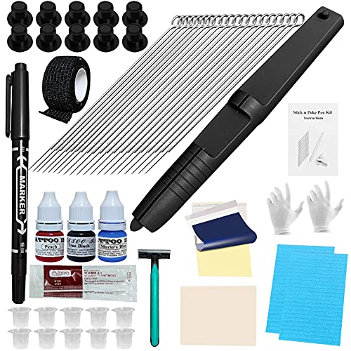 Chiitek Stick and Poking Kit Bio-fit Grip Hand Poke Tattoo Pen with Stick and Poke Needles Tattoo Transfer Paper DIY Tattoo Kits Black