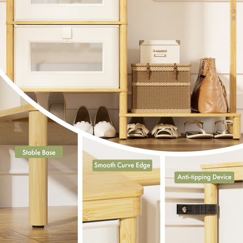 Image of Bamboo Dresser with Hanging Rack, 4-Drawer Small Closet Organizer for Bedroom, Tall Storage Tower with Clothes Rack, Natural Wood 41.4 inch H x 31.3 inch W-Space-Saving Design, Easy Assembly